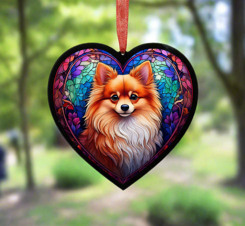 Pomeranian Stained Glass Effect Heart Suncatcher